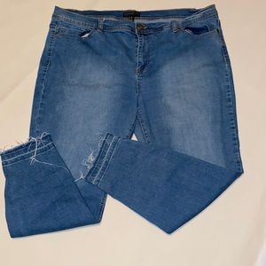 Stretchy skinny leg, distressed, bottom jeans for women